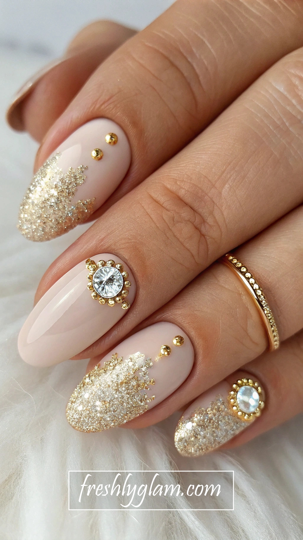 045 Nude Nails with Gold Glitter Tips and Moon Rhinestone Detail
