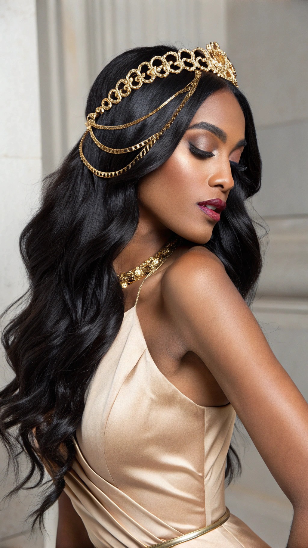 046 Iconic Black Waves with Gold Crown Hair Glam for Ultimate High Fashion Opulence