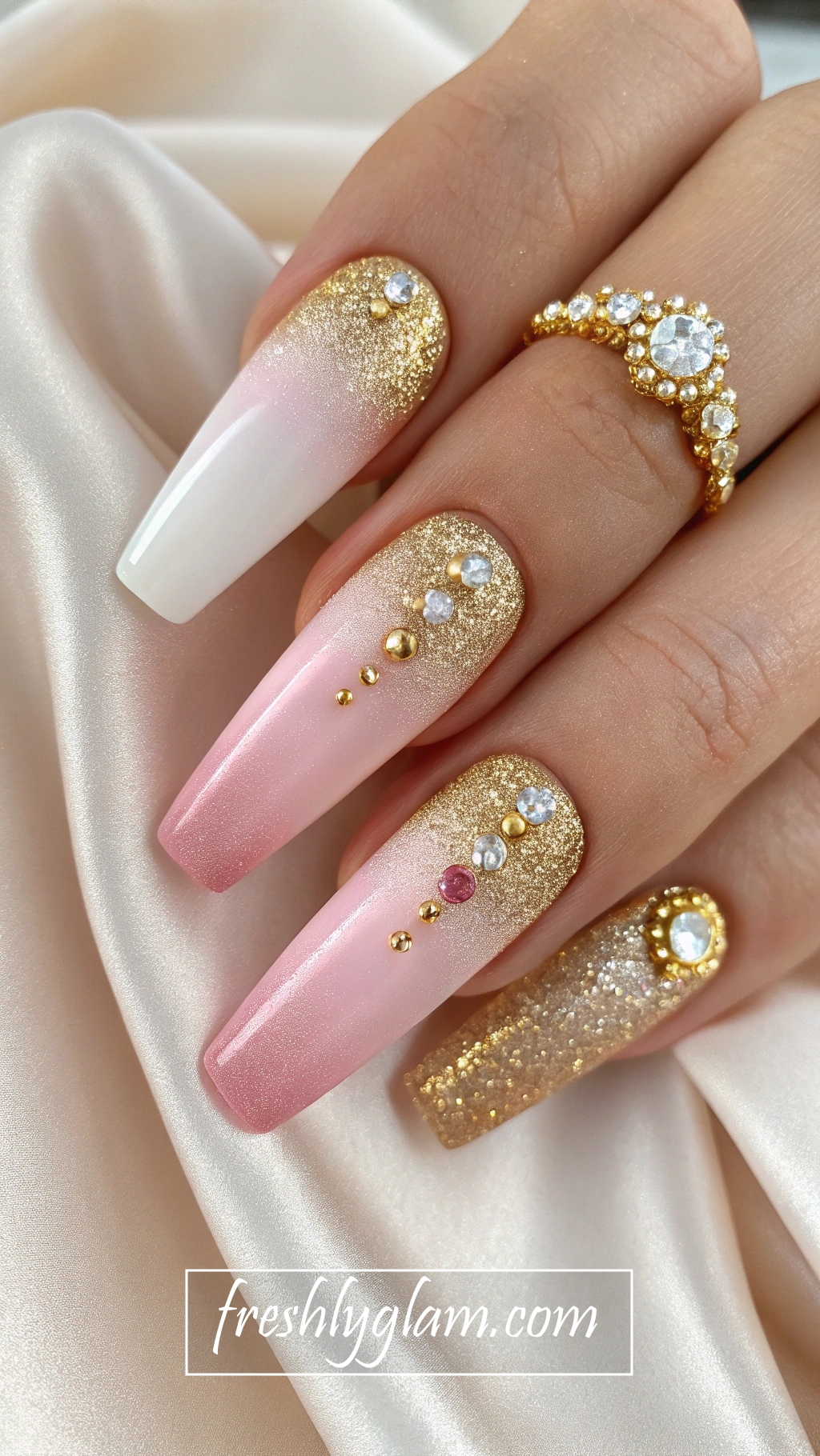 046 OmbrAOk Pink to Gold Glitter Ballerina Nails with Luxe Rhinestones