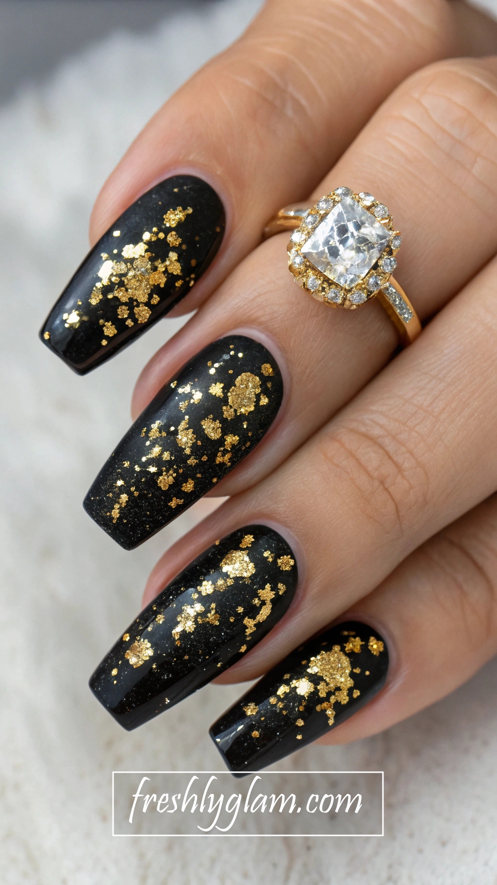 047 Black Glitter and Gold Flake Coffin Nails with DiamondAC0 Studded Drama