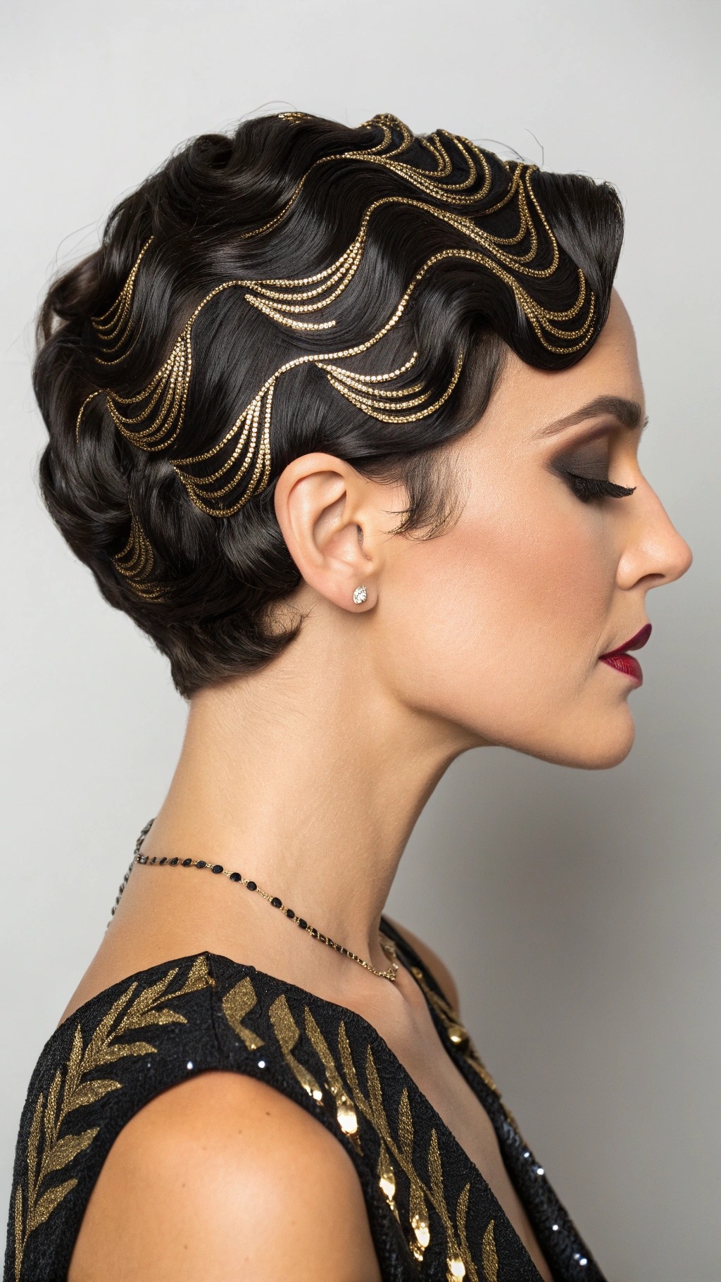 047 Sculpted Black Finger Waves with Gold Foil for a Glamorous Vintage Inspired Style