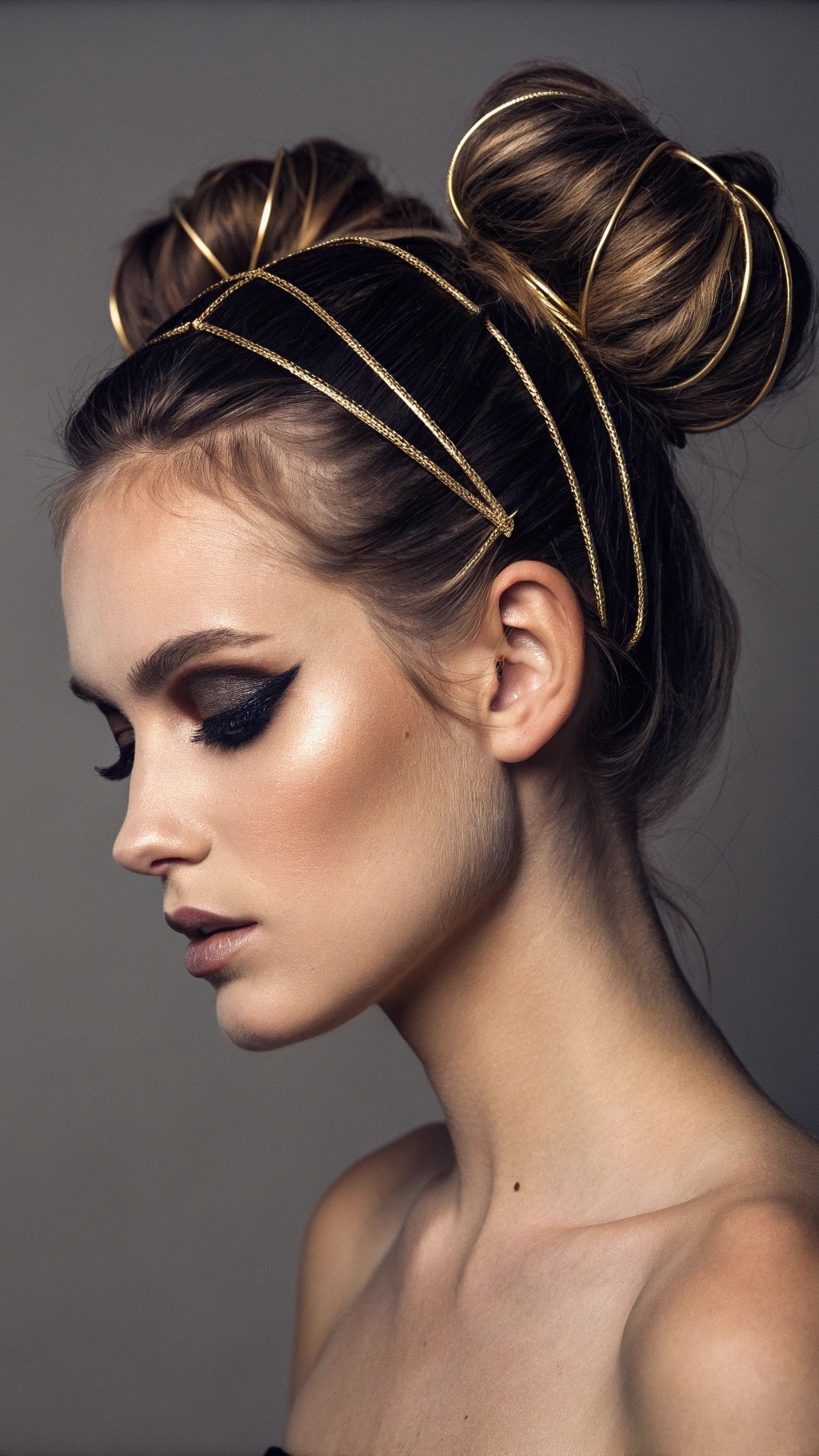 048 Elegant Double Buns with Black Silk and Gold Wire for a Chic Couture Hair Moment