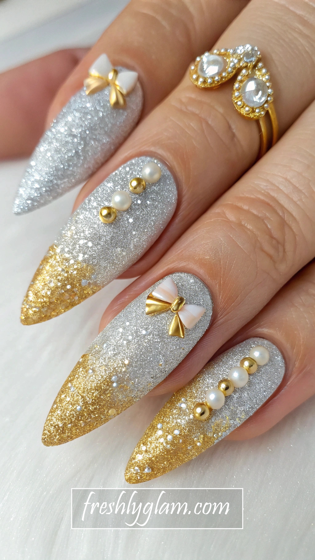 049 Silver and Gold Glitter Gradient Nails with Couture Pearl Details