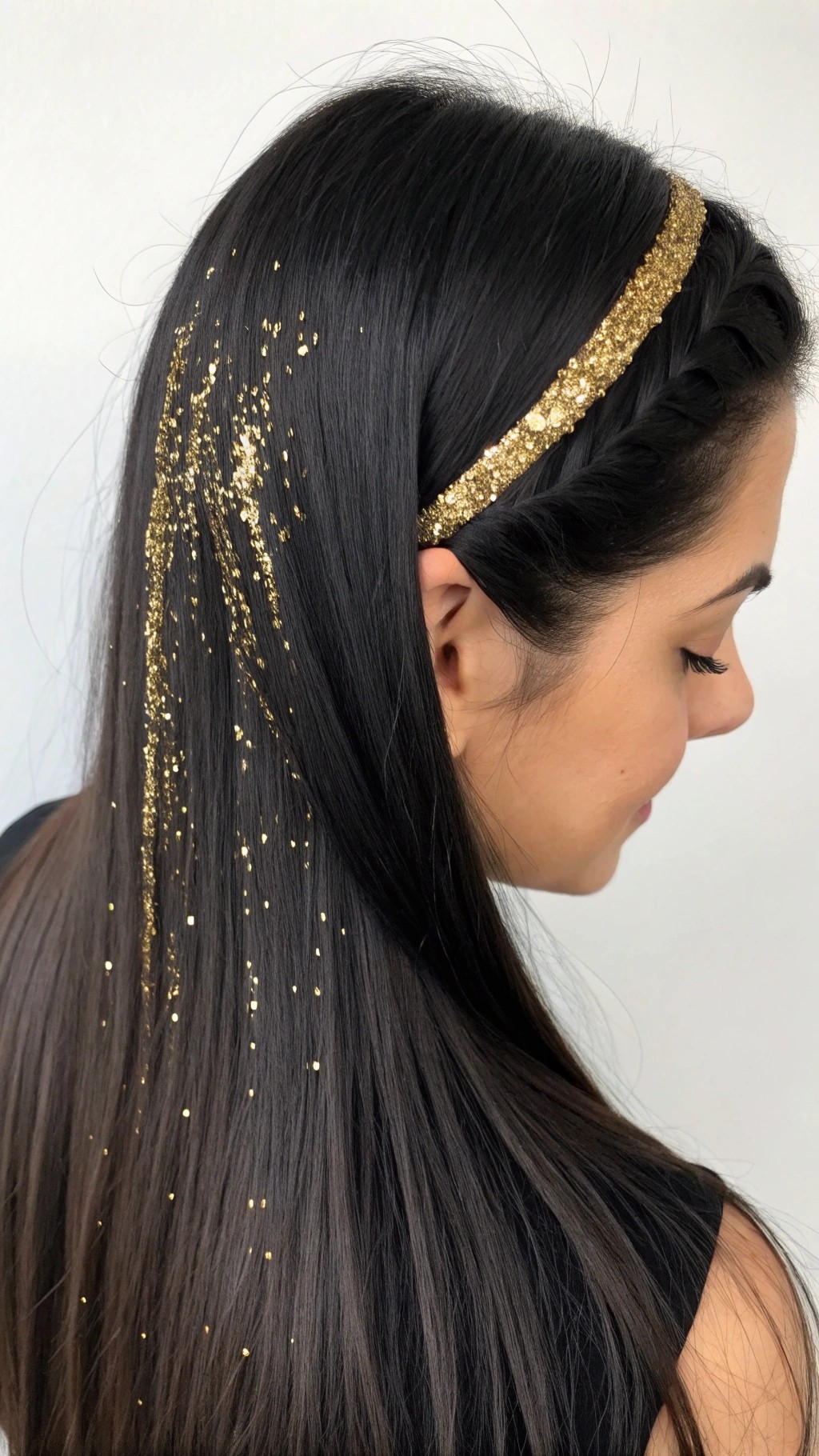 049 Sleek Straight Black Hair with Gold Glitter Part for a Minimalist Luxe Look