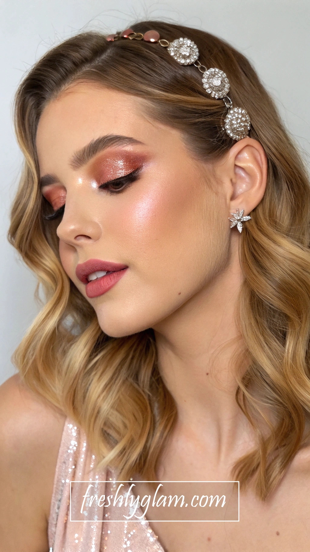 050 Rose Gold Soft Glam Runway Makeup with Glossy Lips and Radiant Skin 1