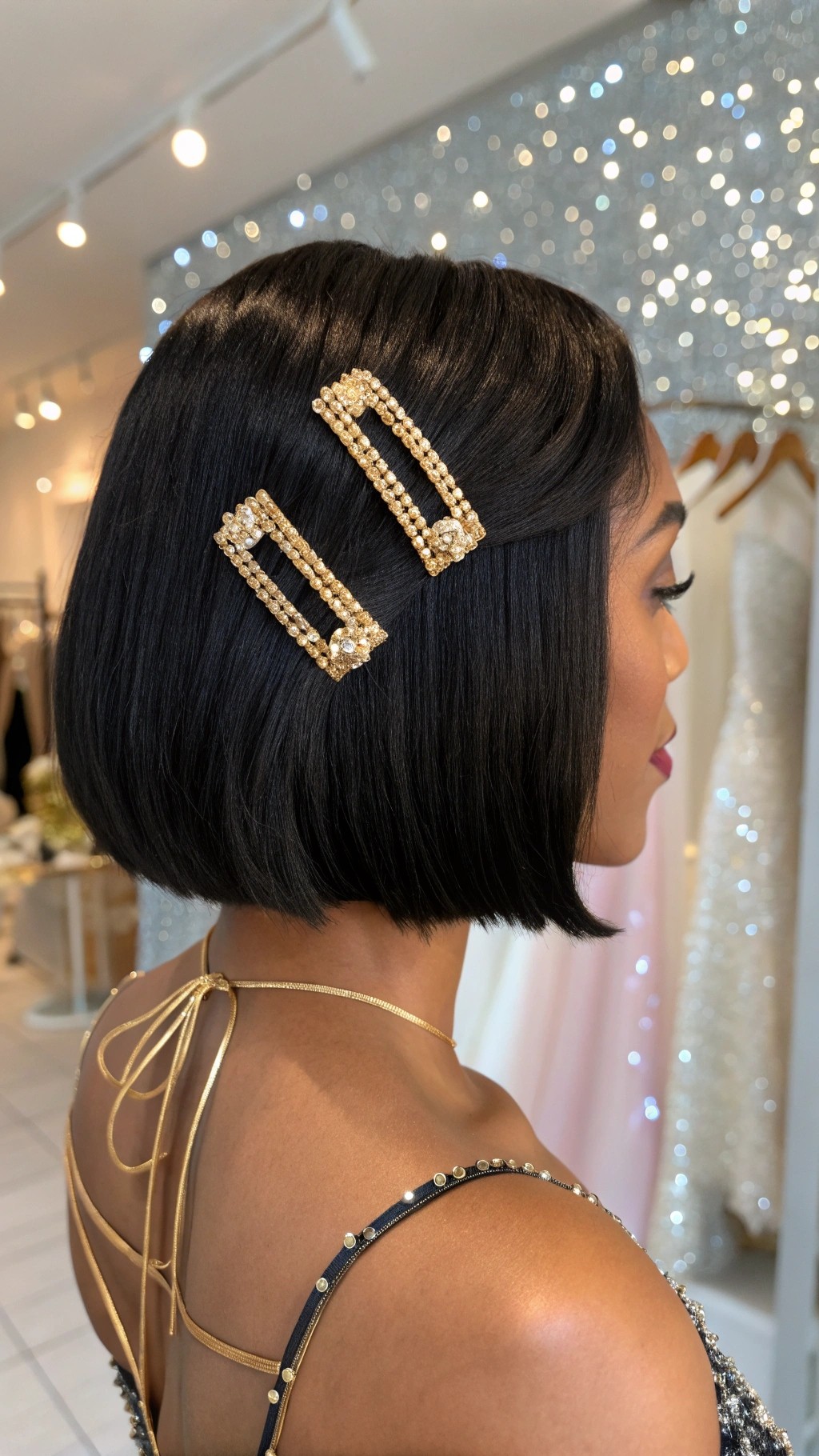 052 Luxe Sleek Bob with Gold Rhinestones Chic Hair Idea for Glam Evenings