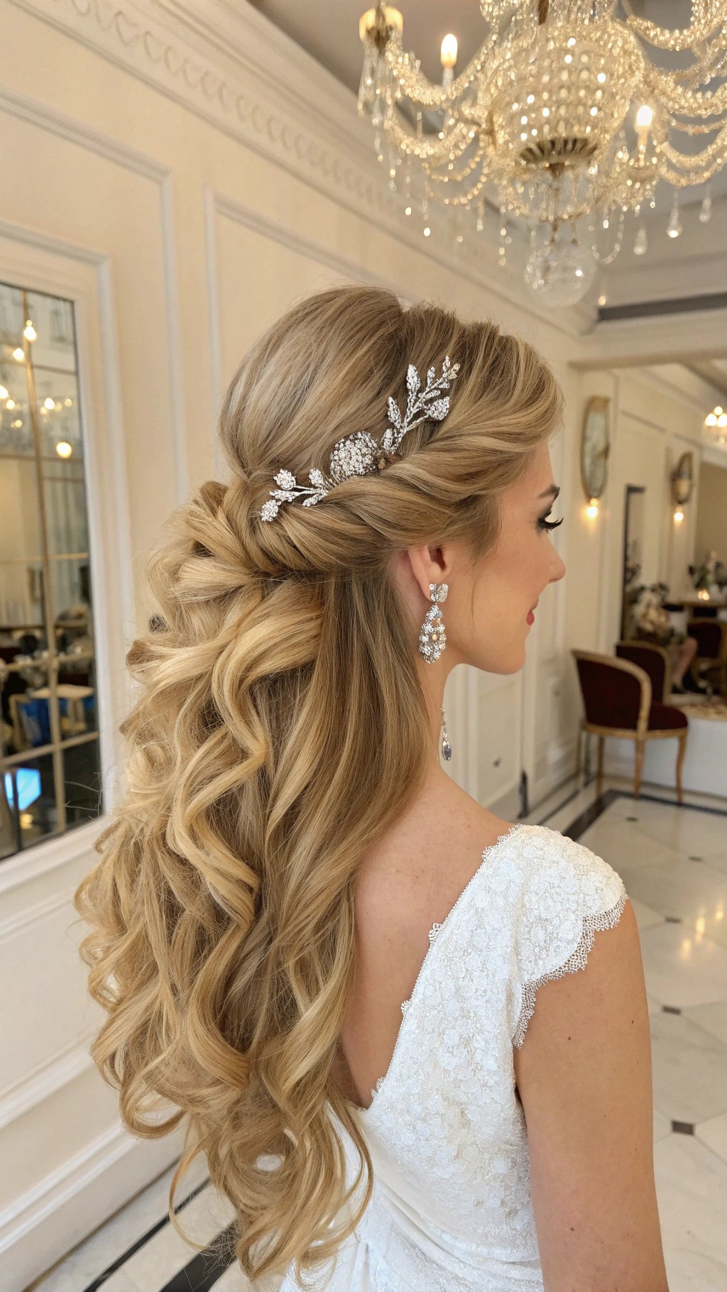 054 Half Up Champagne Curls with Rhinestones for Sophisticated Evenings