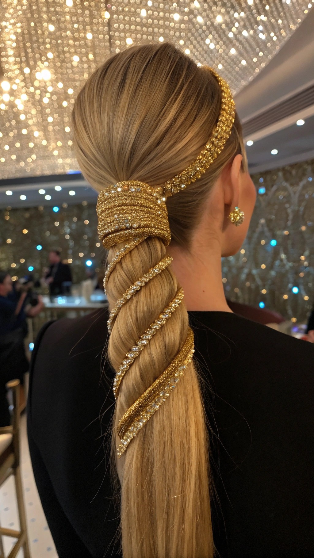 055 Gold Wrapped High Ponytail with Rhinestones Fashion Glam Hair Idea