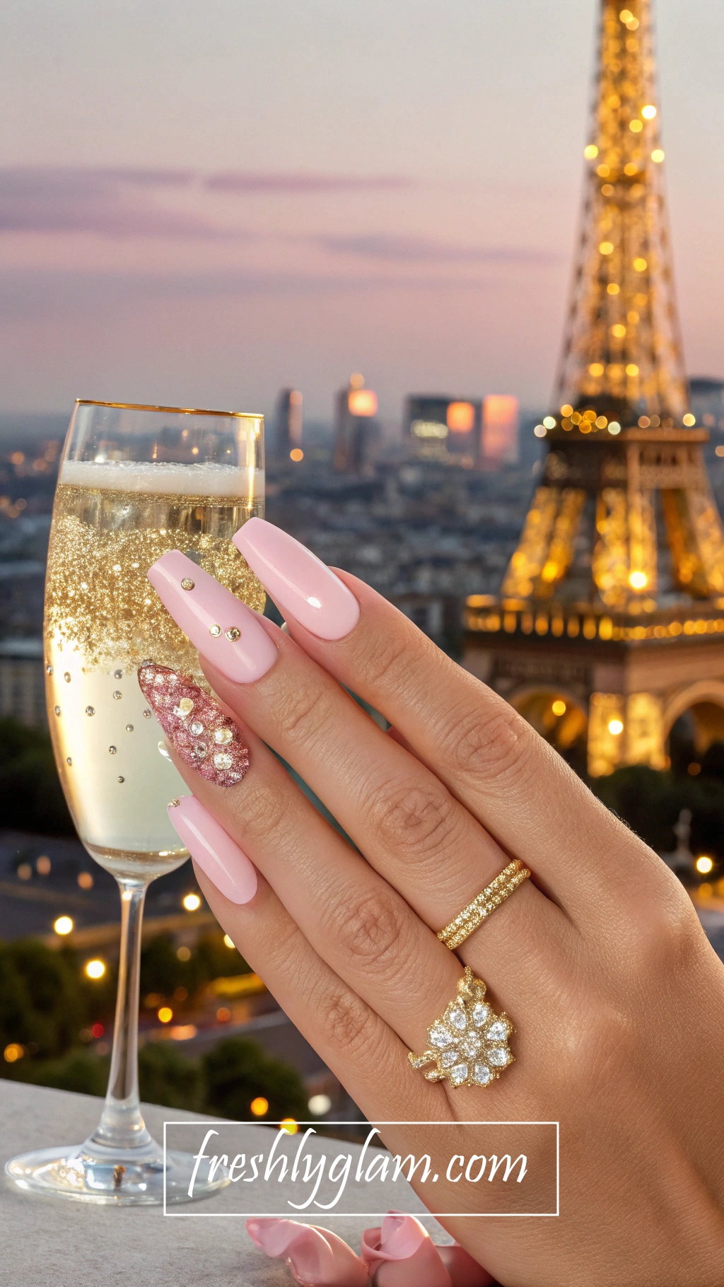 055 Pink and Gold OmbrAOk Nails with Rhinestones for a Sophisticated Spring Glam