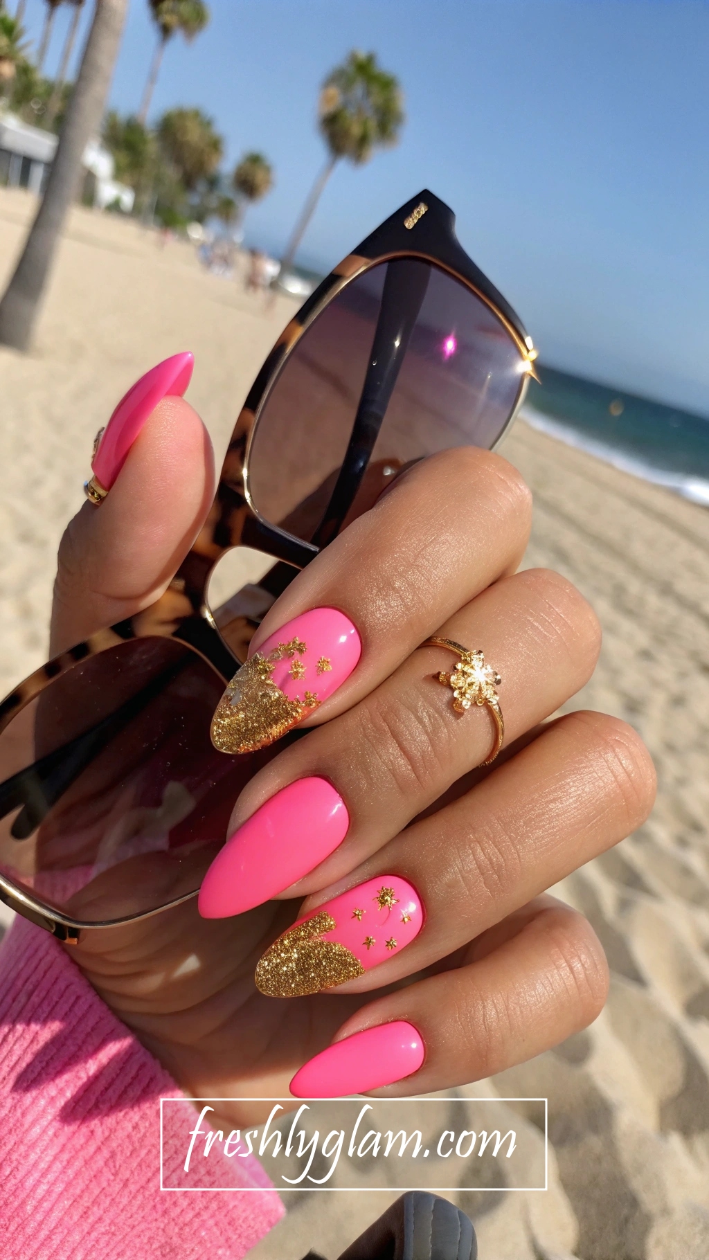 056 Neon Pink and Gold Summer Nails with Rhinestones and Luxe Glossy Finish