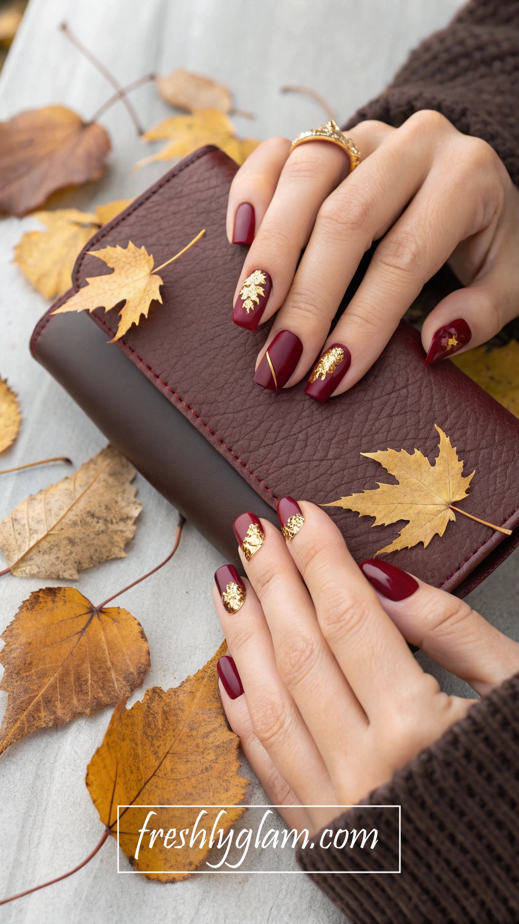 057 Matte Burgundy and Gold Fall Nails with Elegant DesignerAC0 Inspired Touches