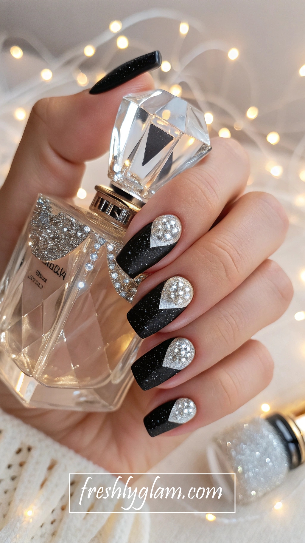 058 Black and Silver Glitter Nails with Diamond Accents for Winter Luxe Beauty