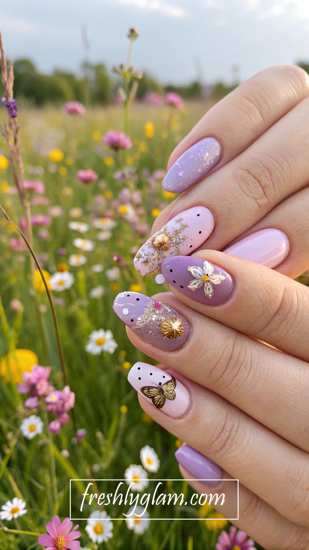 059 Lavender and Blossom Nail Art for a Romantic Spring Look with Gold and Glam