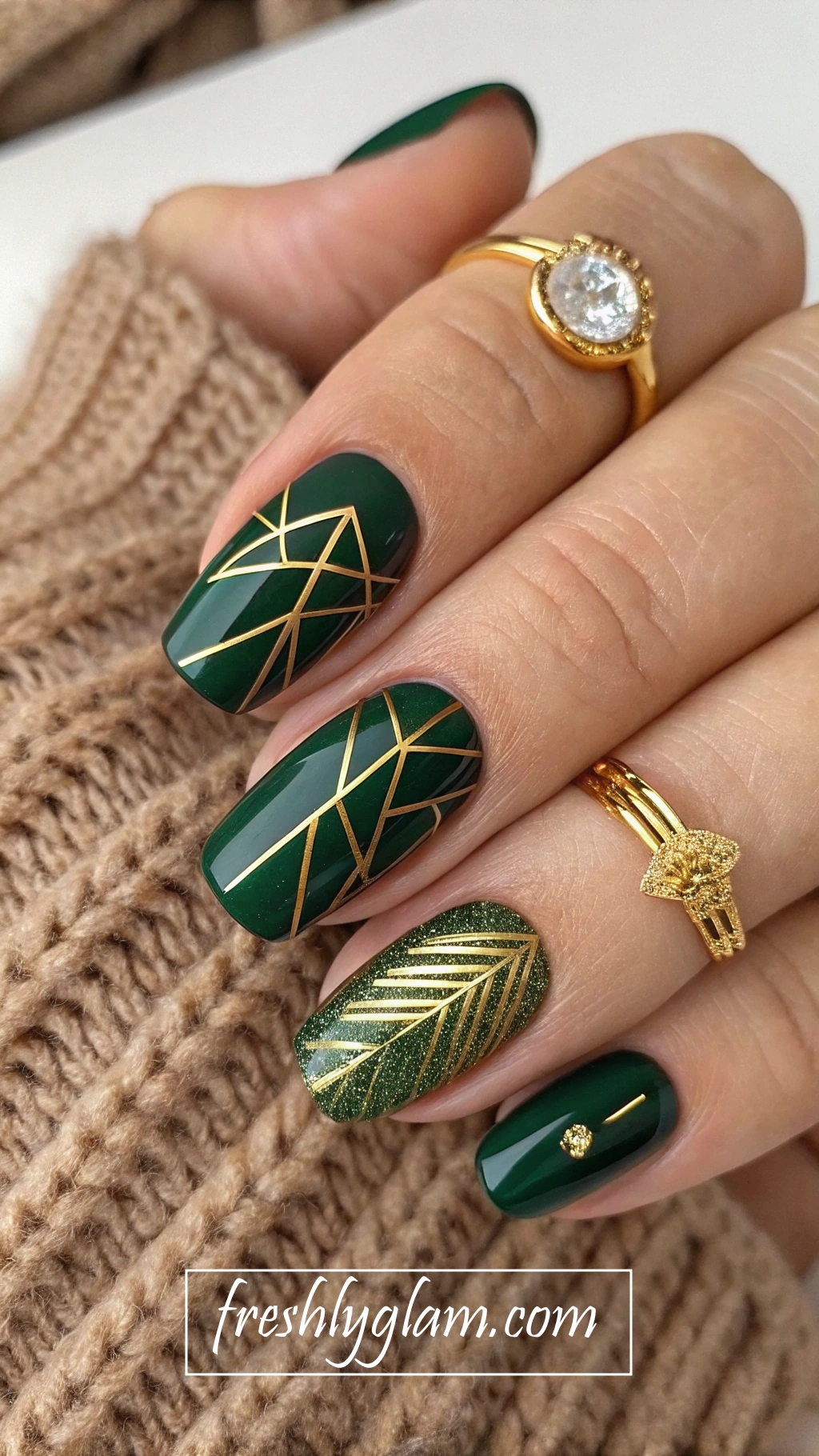 060 Deep Green and Amber Glitter Nails with Couture Gold Accents for Fall Fashion