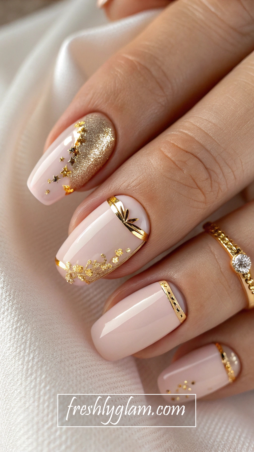061 Elegant French Tips with Gold Foil Accents for a Luxe Fashionista Look