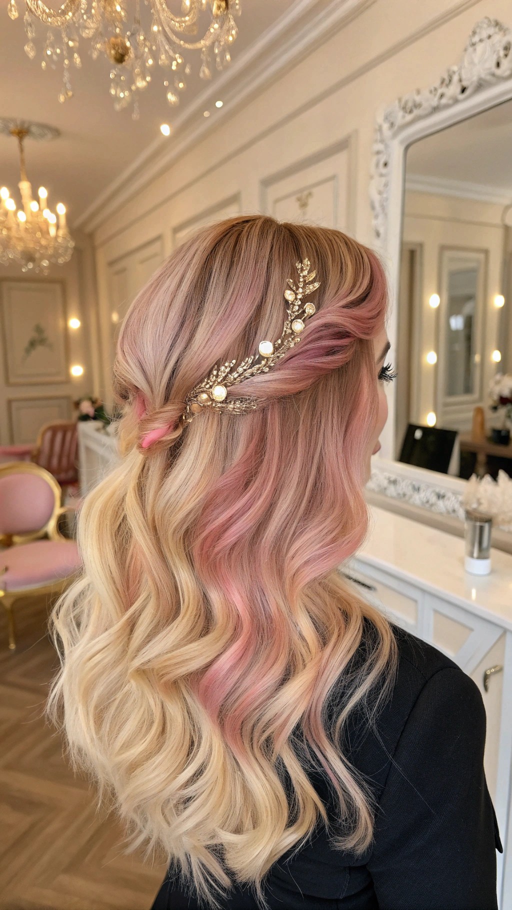 061 Pink and Gold Waves with Rhinestones Glamorous Hair for the Chic Fashionista