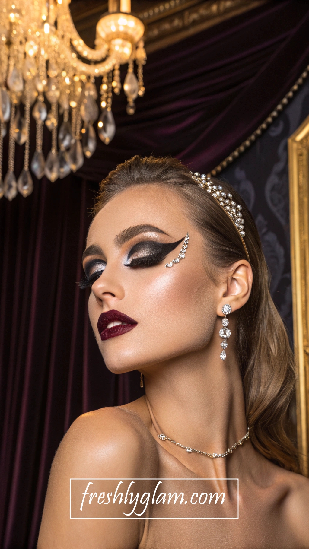 063 Couture Diva Makeup with Glossy Black Lips and Crystal Face Art 1