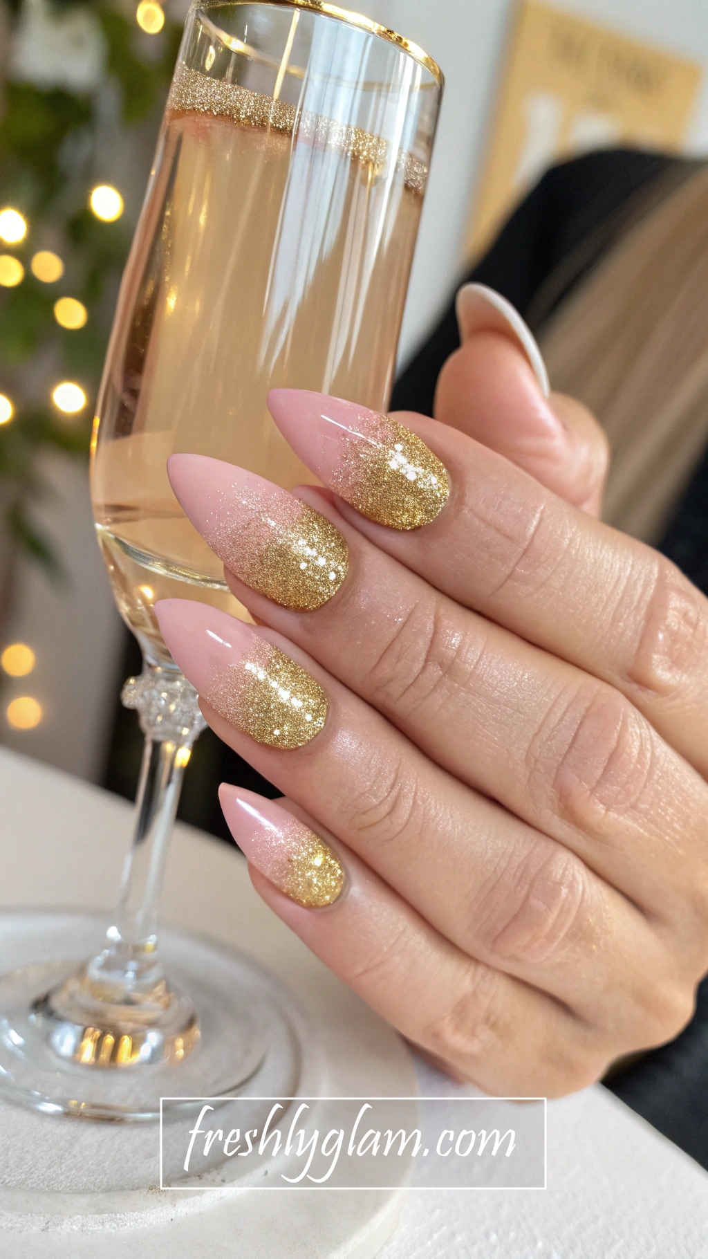 064 ACI Pink and Gold Glitter Ombre French Tips for a Boujee