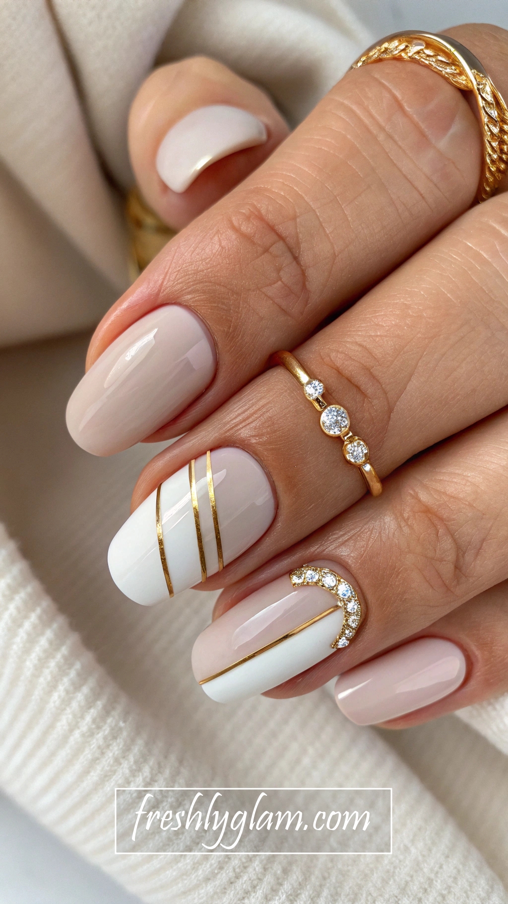 066 ACI Reverse French Tips with Gold Accents for an Iconic