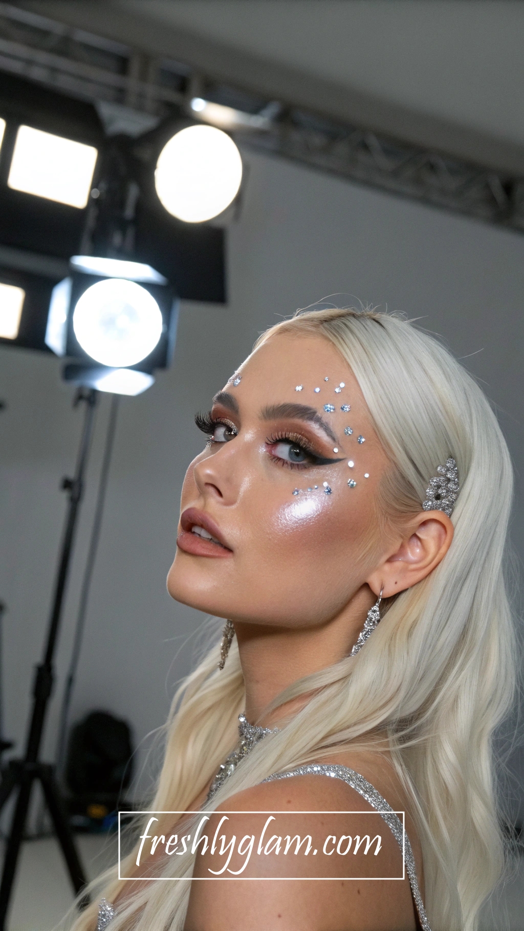 066 Iconic Futuristic Rhinestone Glam with Chrome Highlight and Glossy Lips 1