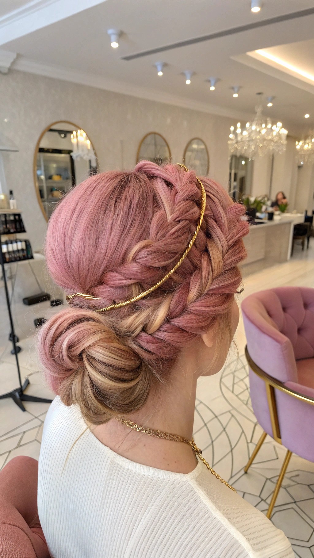 067 Braided Pink Updo with Gold Wire Luxe Statement Hair for Icons