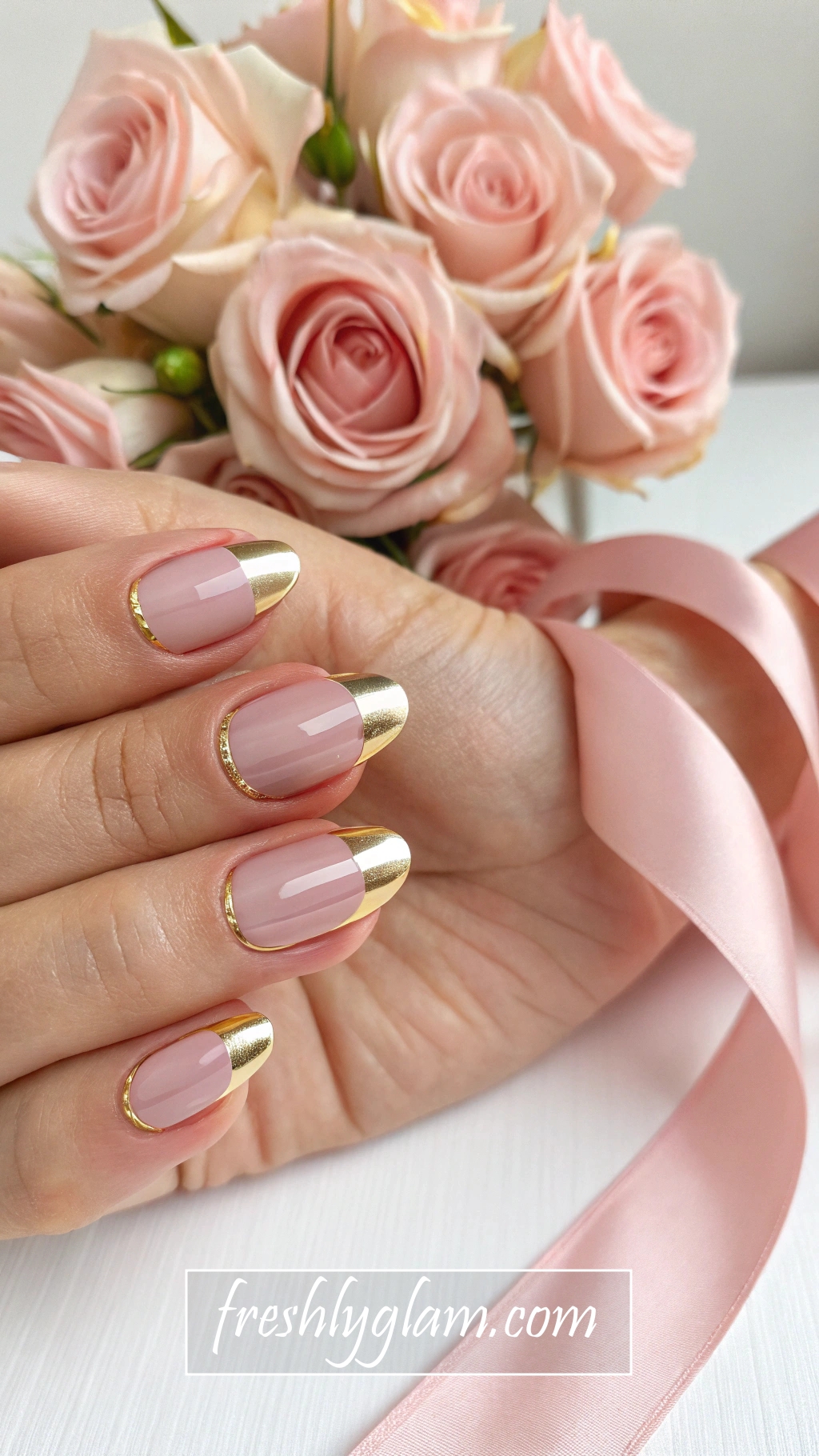 067 Pink and Gold Chrome French Tips That Sparkle with Glam and Elegance