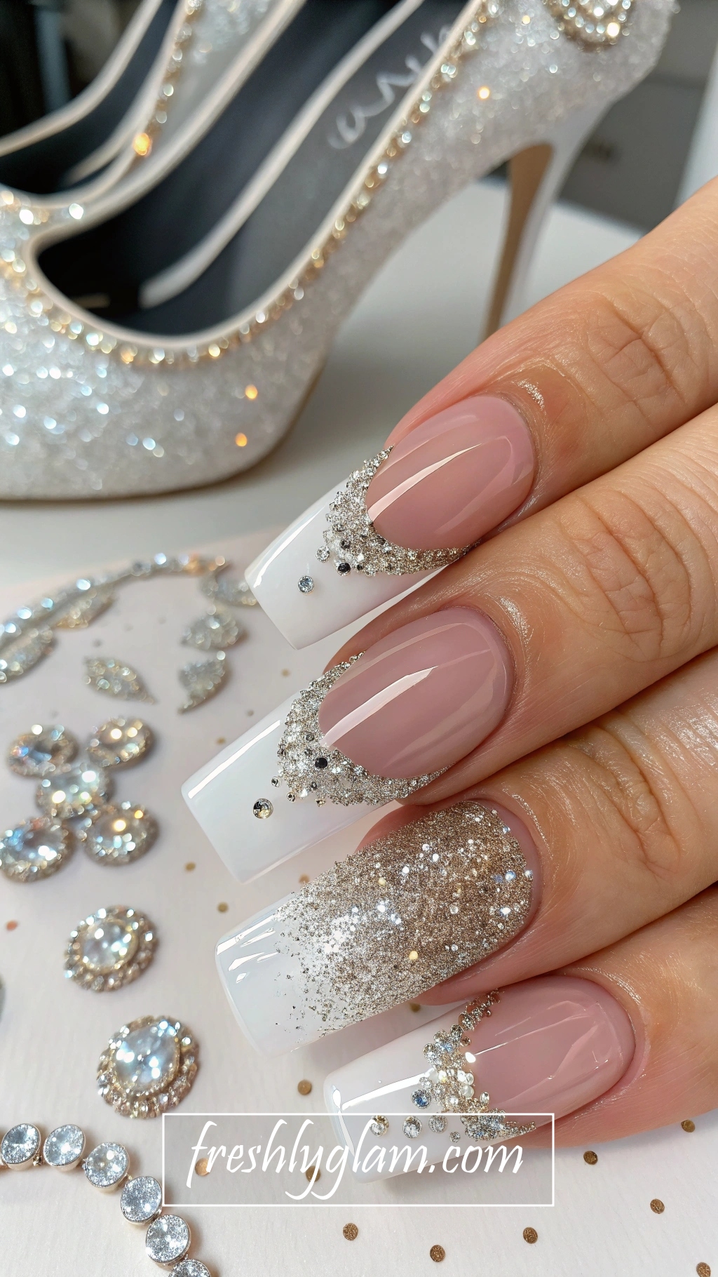 068 Clear Coffin French Tips with Chunky Glitter for a Statement Diva Look