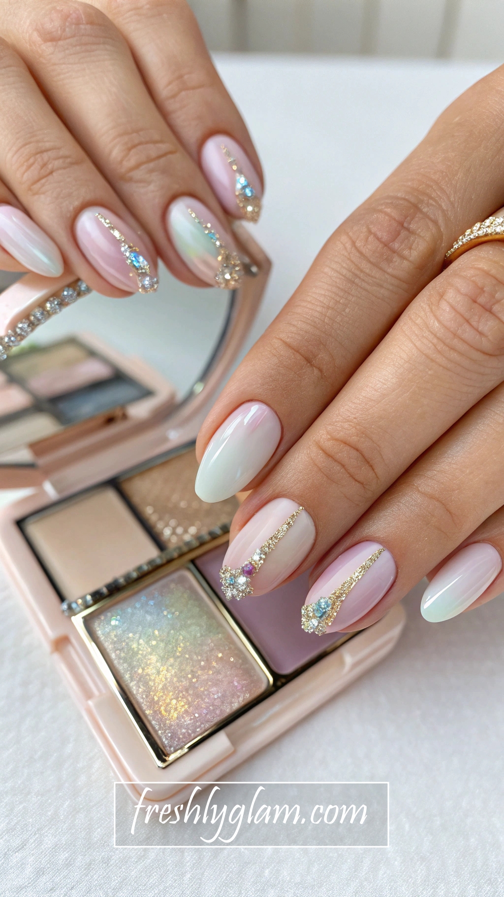 069 Iridescent Pastel French Tips with Rhinestones for a Couture Beauty Glow