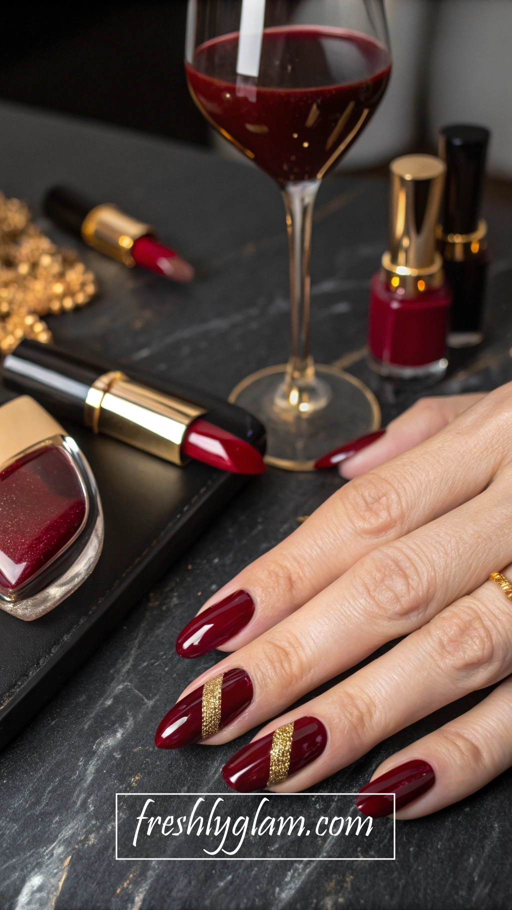 070 ACI Deep Red French Tips with Gold Glam for a Bold
