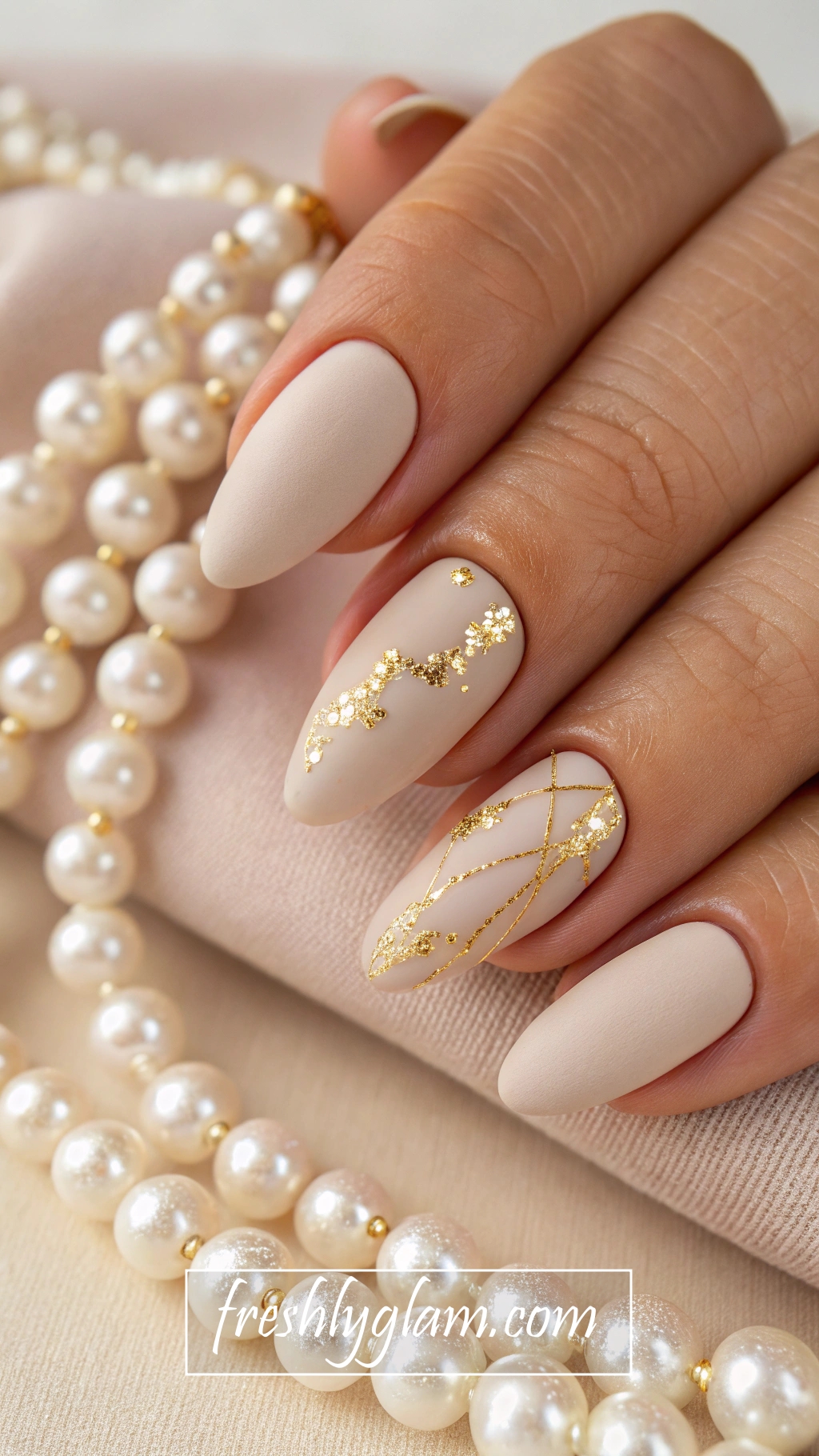 071 Elegant Neutral Nails with Champagne and Gold Foil for a Sophisticated Look