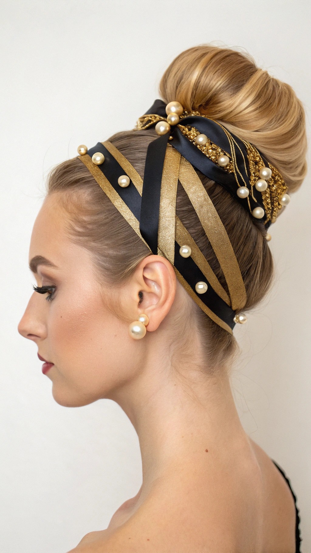 072 Elegant Couture Bun with Gold and Black Glam Accents for a Luxe Statement