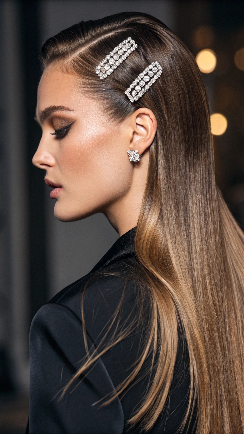 073 Sleek Side Part Hair with Diamond Glam Clips for a Sophisticated Runway Look