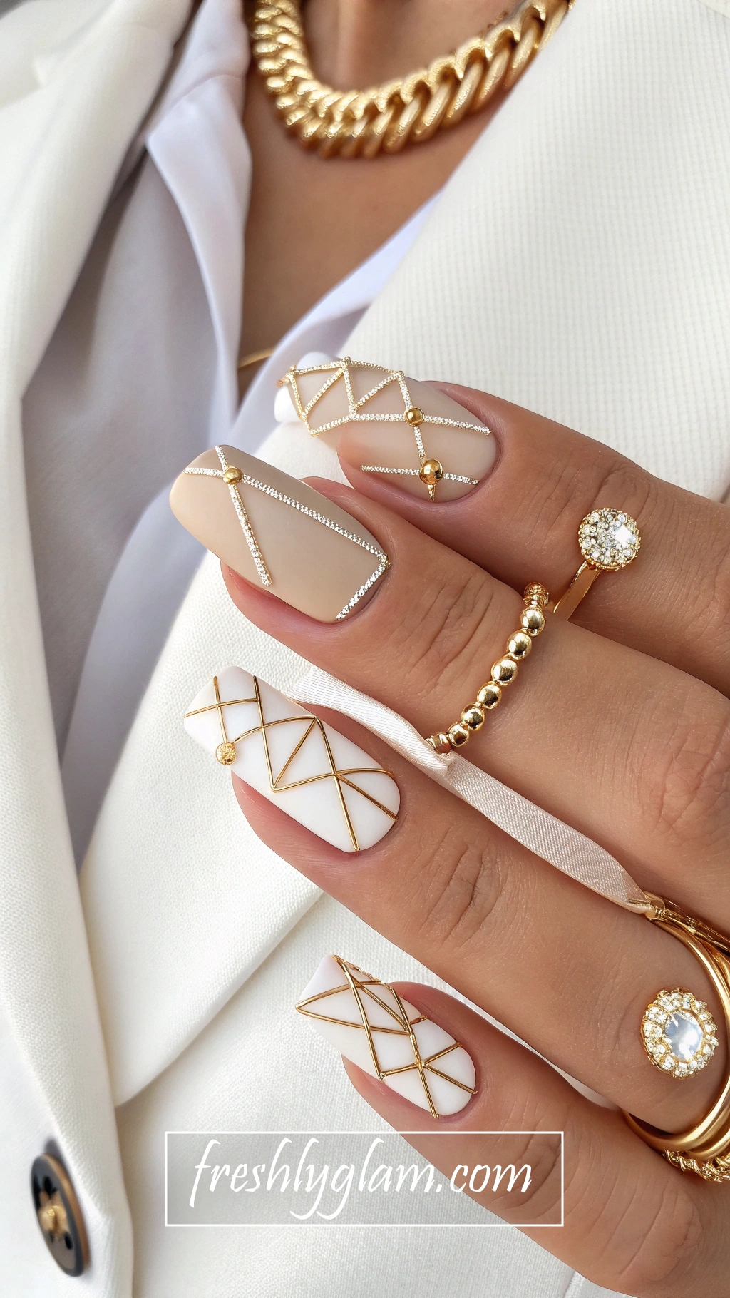 074 DesignerAC0 Inspired Neutral Coffin Nails with Gold Accents and Modern Lines