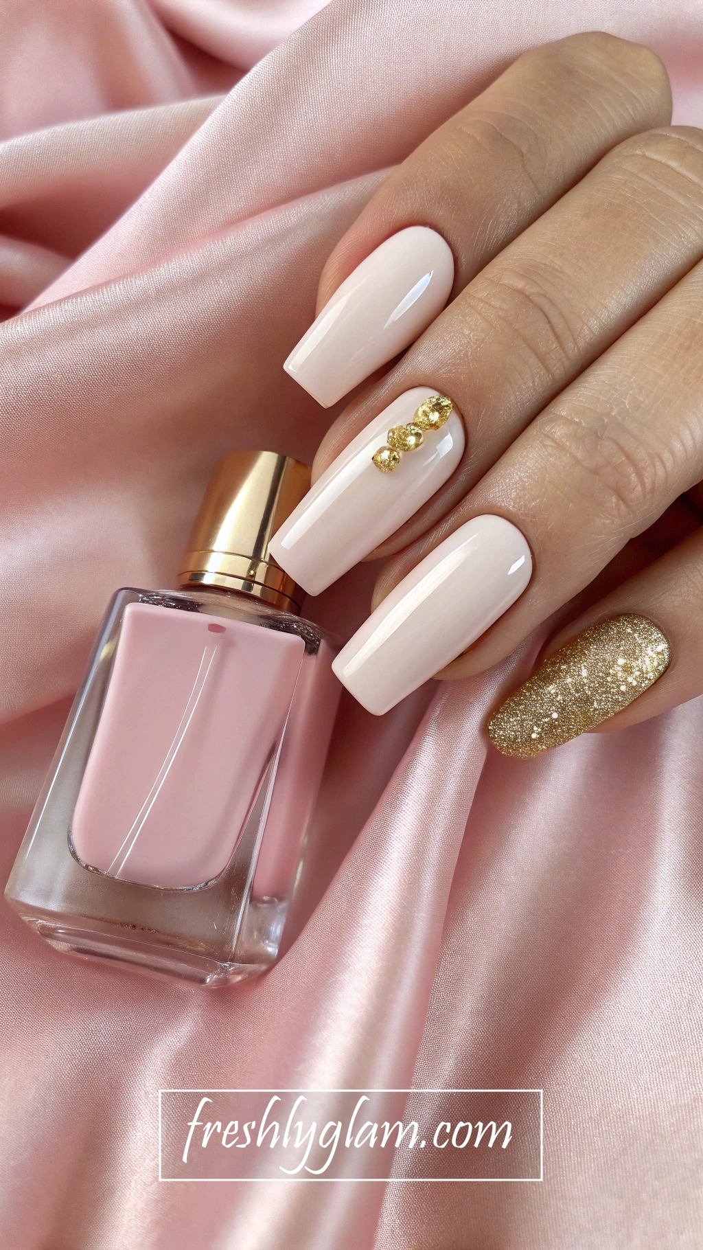 075 Soft Pink and Gold Neutral Nails for a Touch of Parisian Elegance