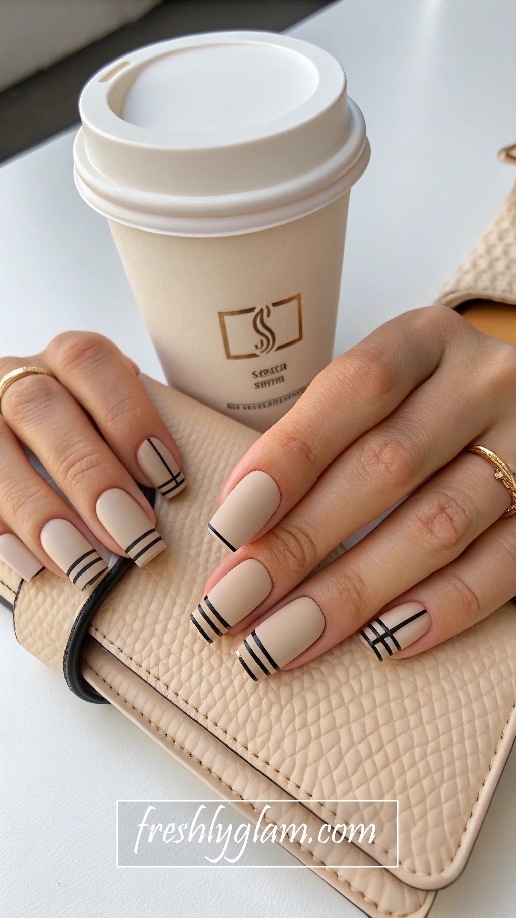 076 Matte Latte Nails with Minimalist Black Accents for the Modern ItAC0 Girl