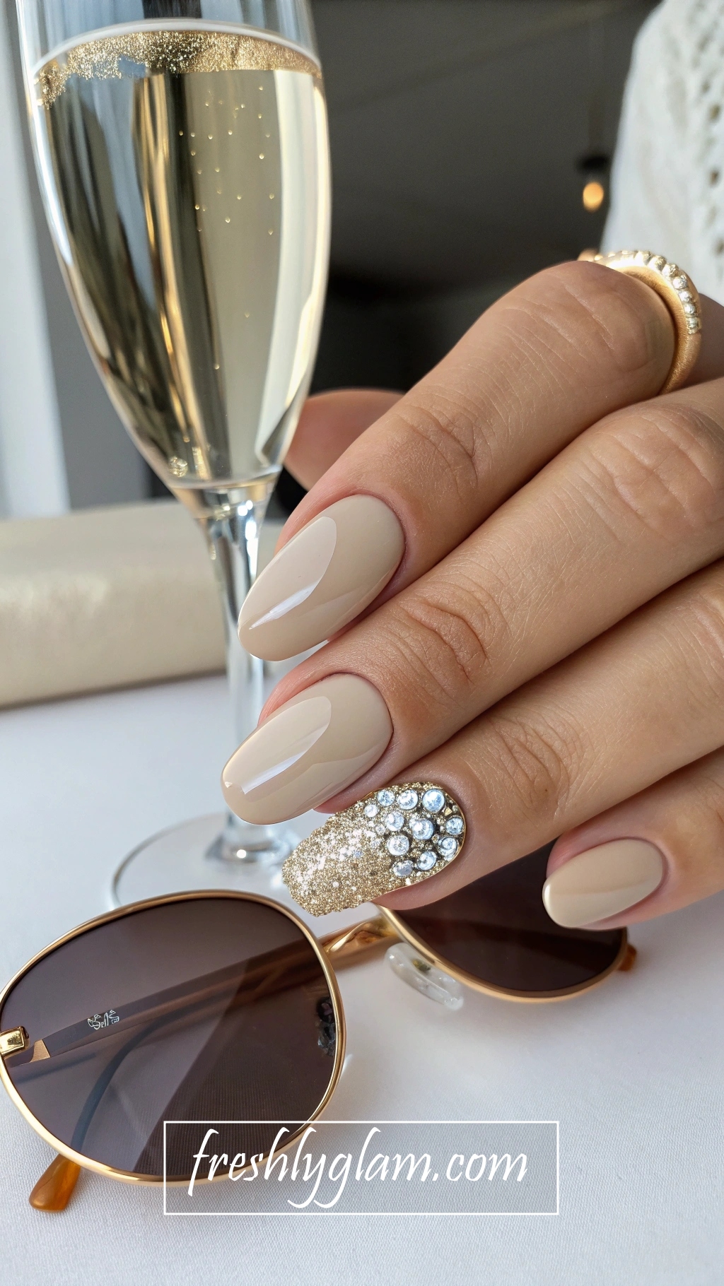 077 Glamorous Neutral Nails with Diamond Rhinestone Accent for Luxe Vibes