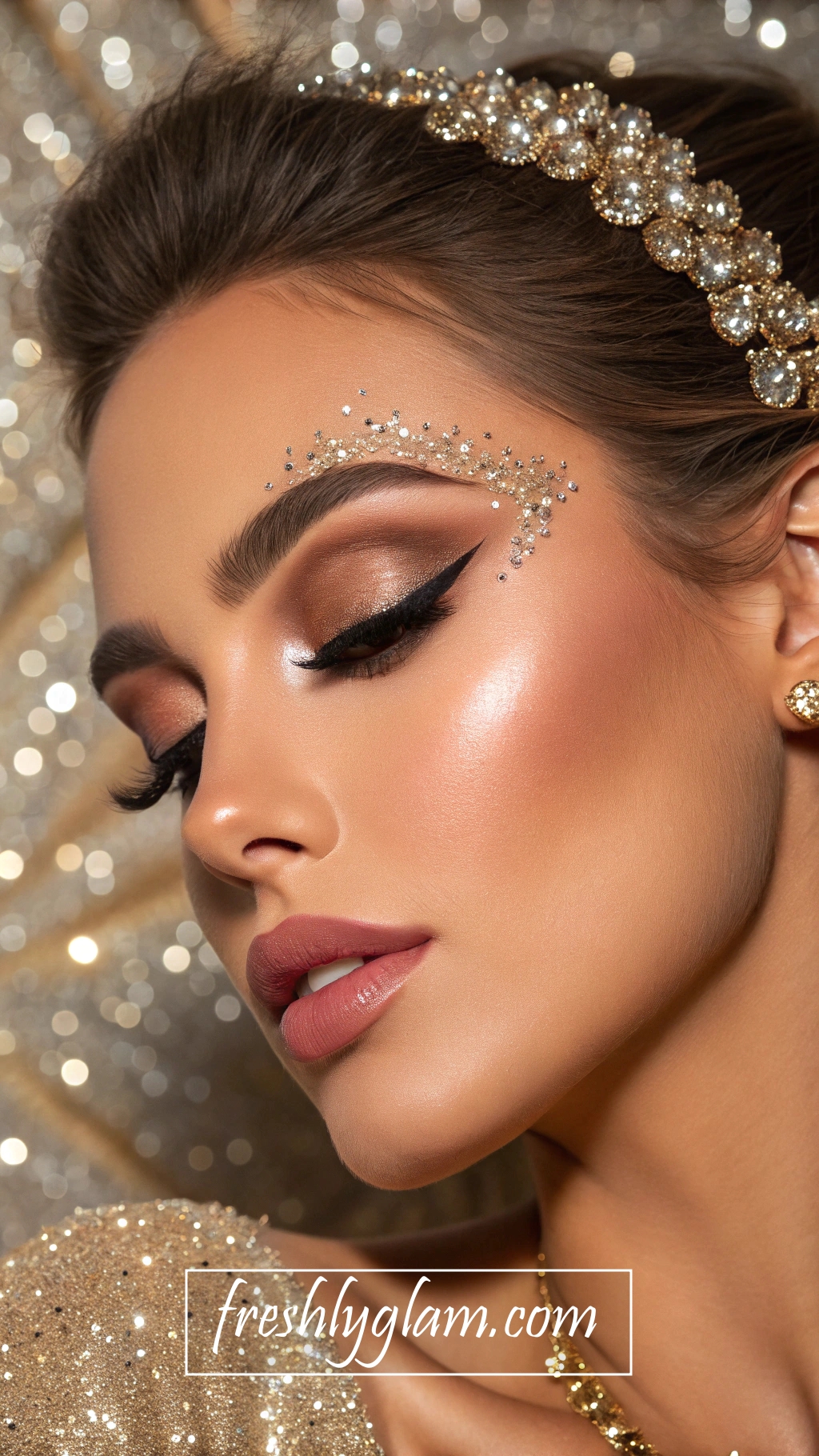 078 Glamorous Champagne Makeup with Rhinestone Brows and Sparkle Filled Details 1