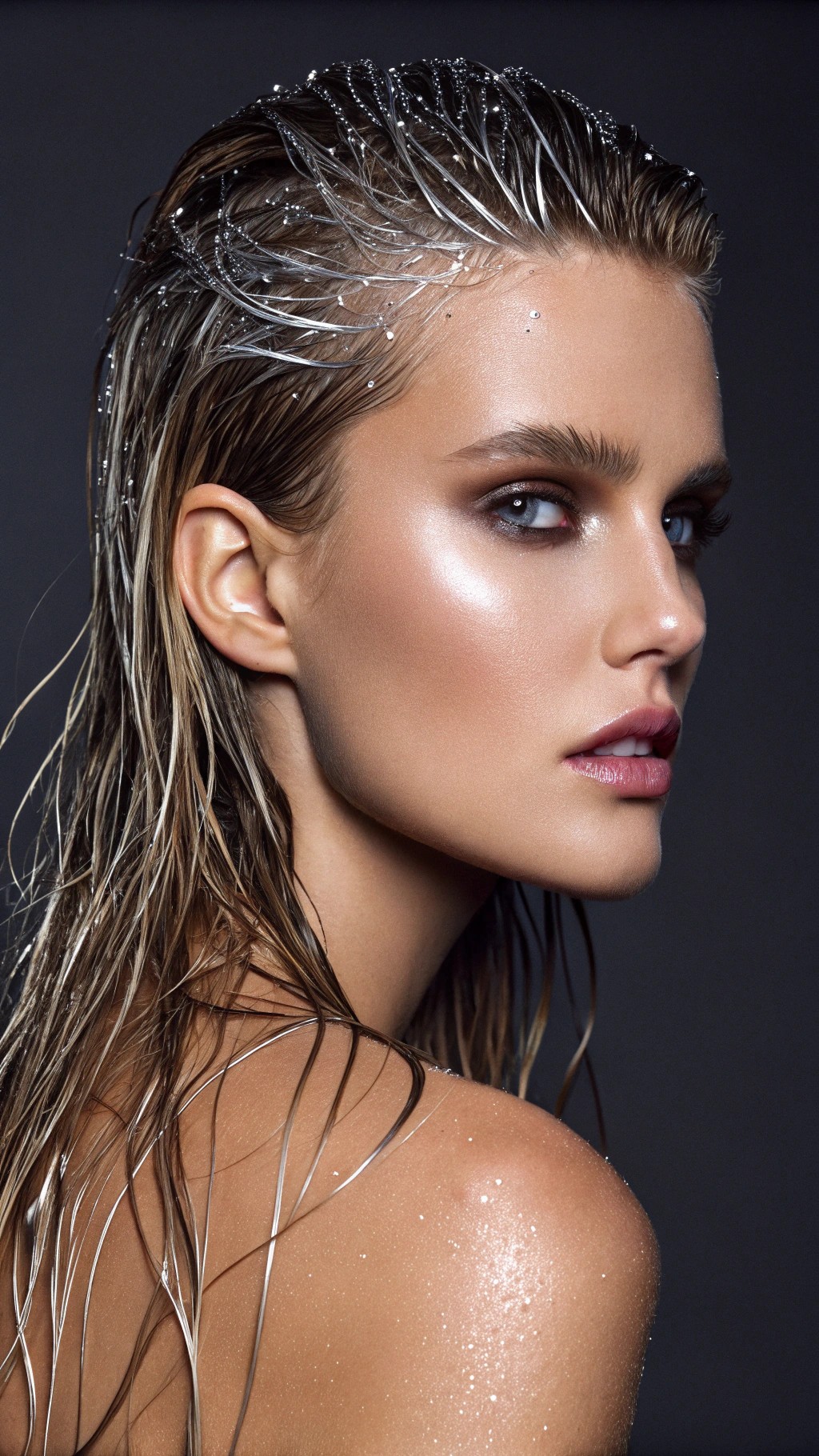 078 High Fashion Wet Hair Look with Silver Sparkle for an Edgy Glam Effect