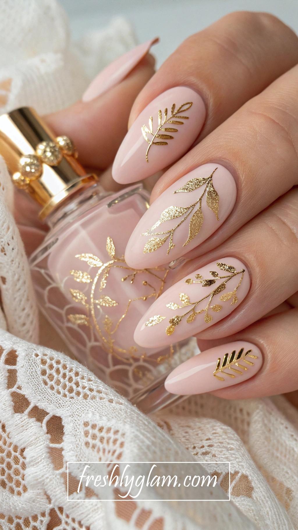 078 Sheer Pink Neutral Nails with Gold Leaf for a Romantic Luxe Look
