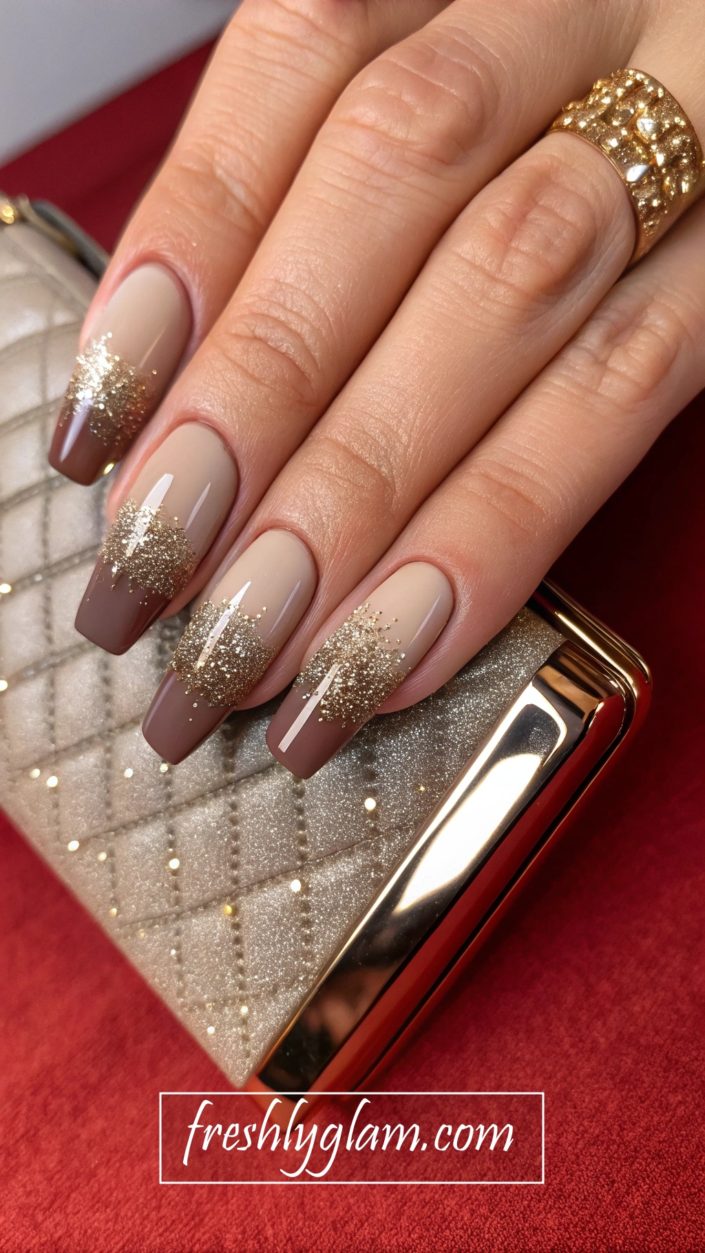 080 Soft Mocha Gradient Nails with Sparkle Dust for Red Carpet Glam