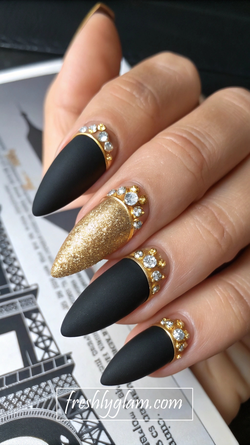 081 Edgy Black and Gold Stiletto Nails with Rhinestones for the Fearless Fashion Glam Diva