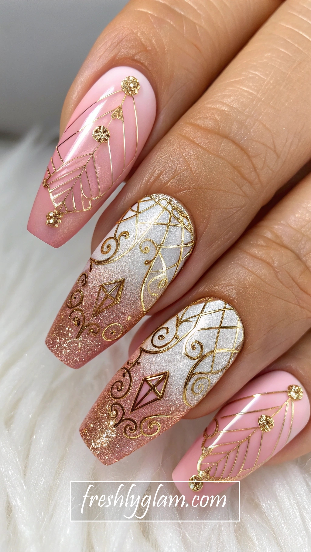 082 Pink and Gold Luxe Coffin Nails with Designer Sparkle for a Bold Fashion Statement