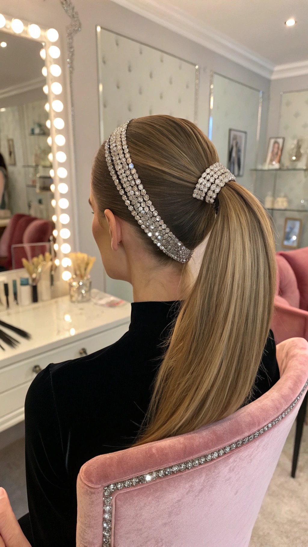 082 Sleek Ponytail with Rhinestones for a Parisian Glitter Statement Look