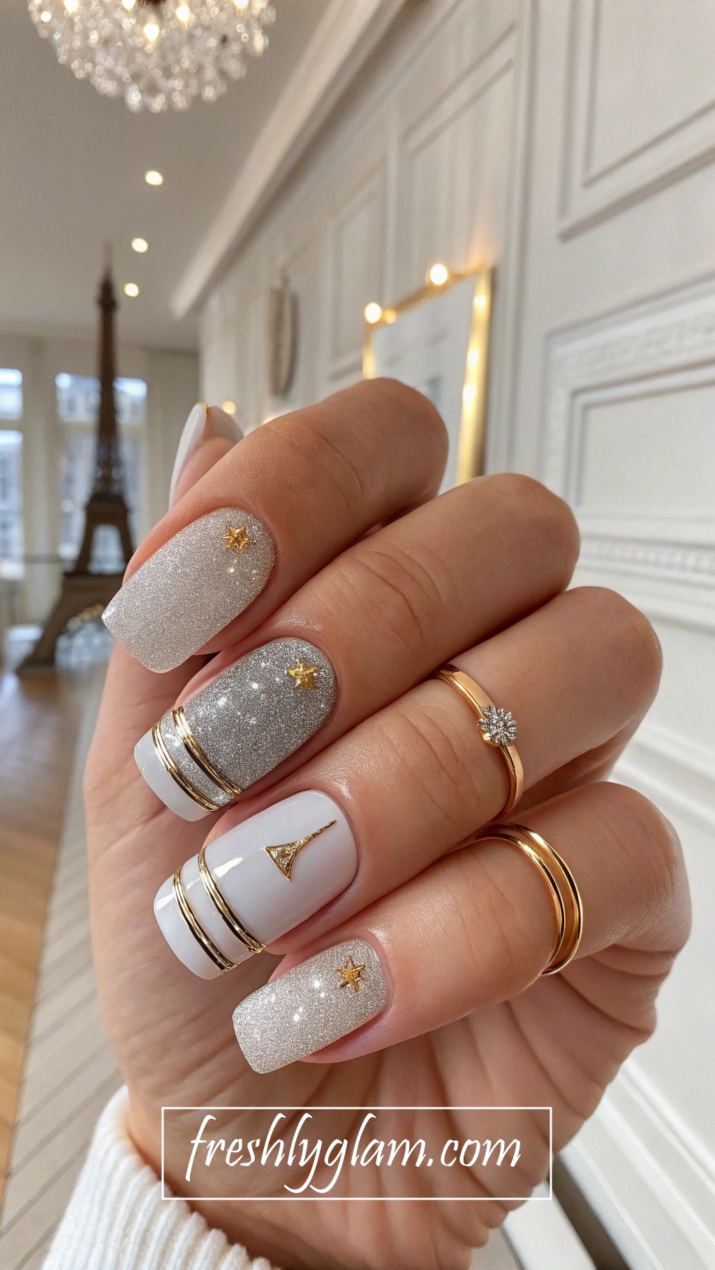 084 Elegant Silver and Gold Glitter Nails for the Classy and Chic Modern Fashionista