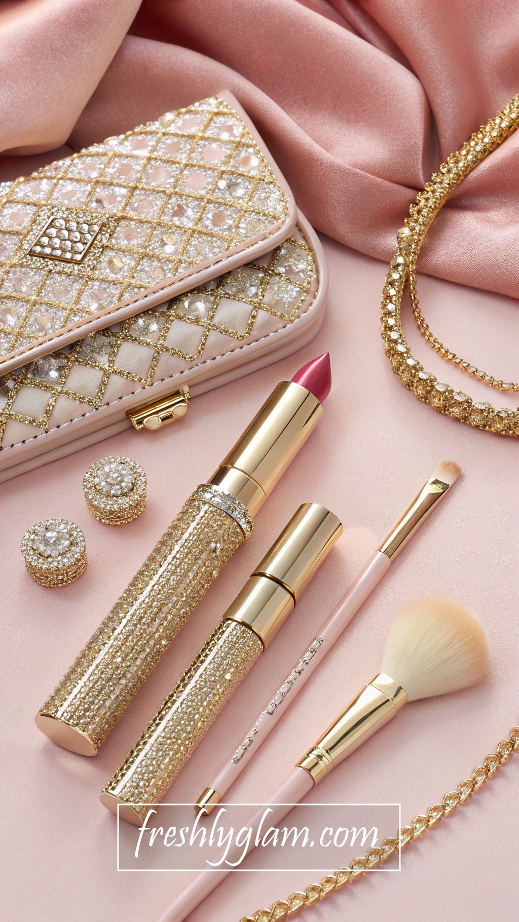 084 Flat Lay of Luxe Designer Makeup Essentials in Pink and Gold 1