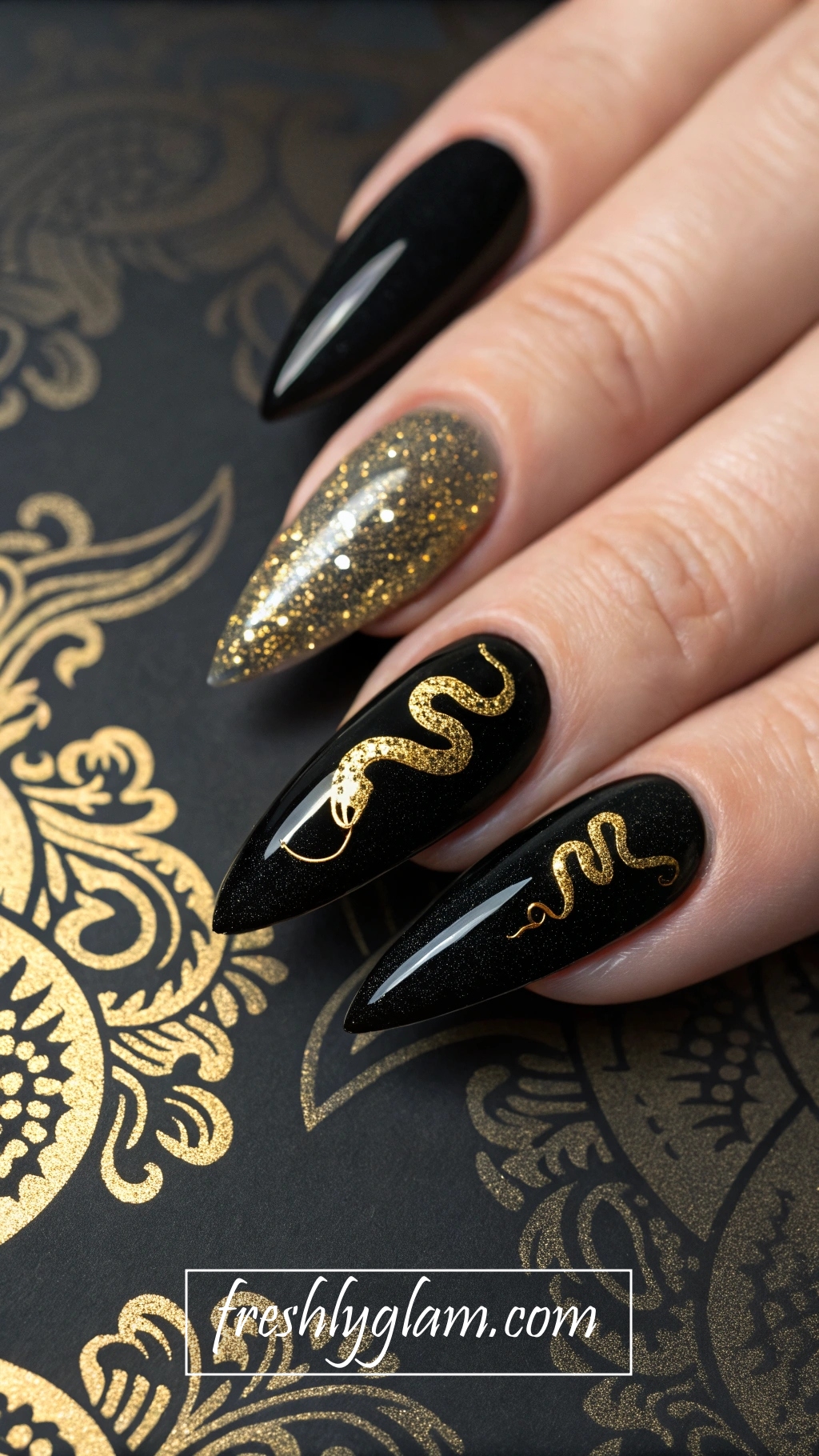 086 Jet Black and Gold Snake Stiletto Nails for the Fearless and Fierce Boujee Queen