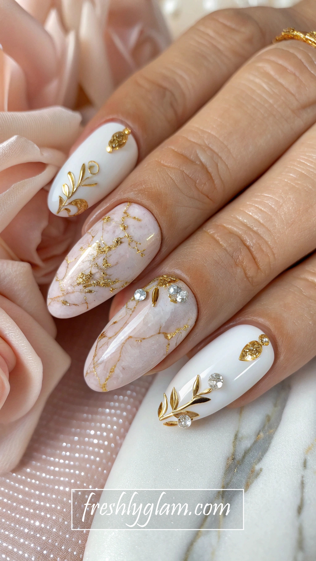 087 Iridescent White and Pink Marble Nails with Gold Flakes for the Soft Glam Fashion Icon