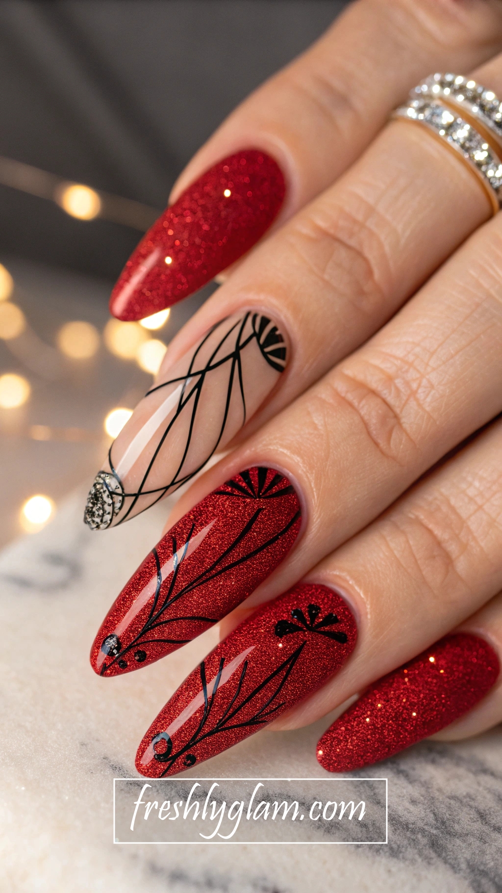 088 Fiery Red Glitter Nails with Diamond Tips and Abstract Art for the Fashion Runway Rebel
