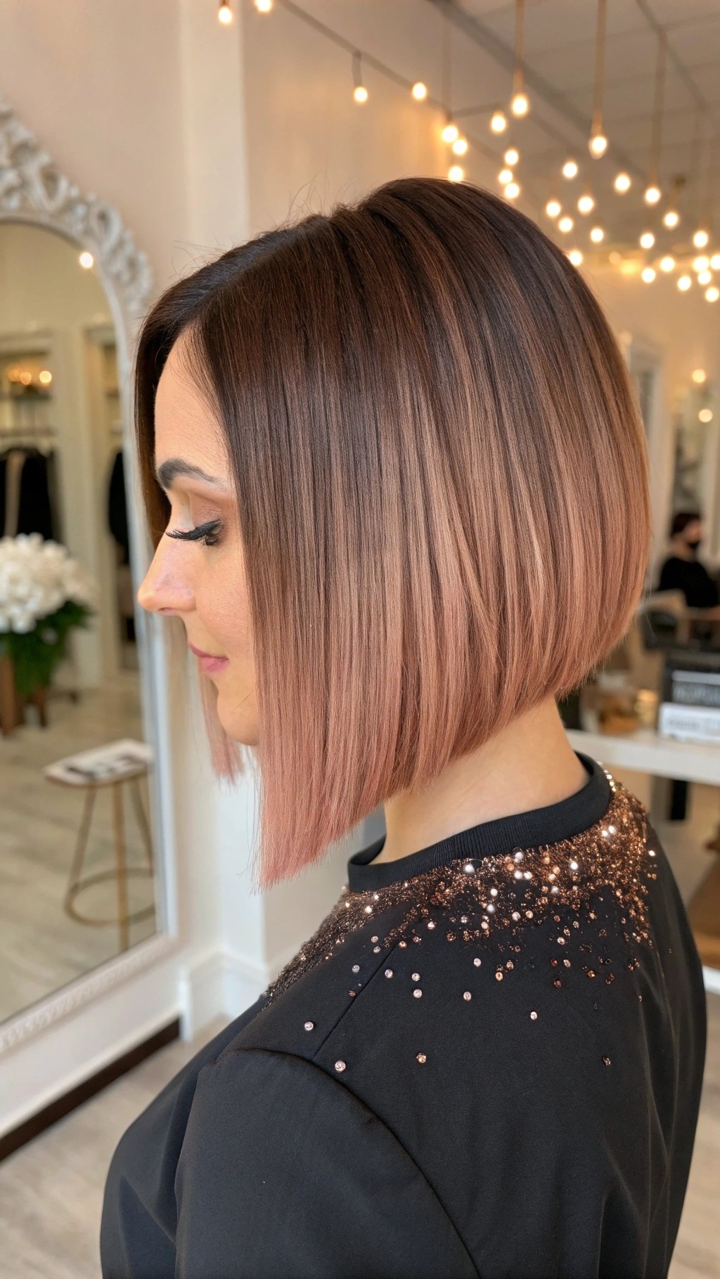 089 Rose Gold Glitter Bob for a Sophisticated Designer Hair Moment