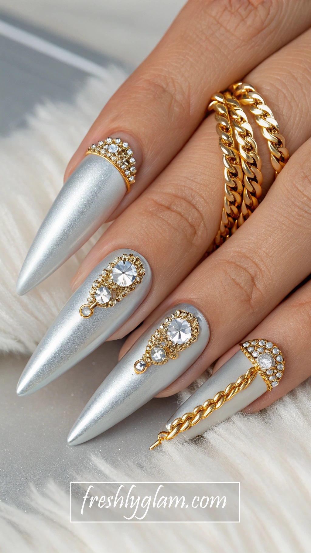 089 Silver Chrome Nails with Gold Chains and 3D Rhinestones for the Luxe Couture Addict